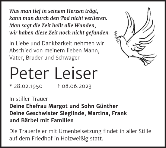 Traueranzeige von Peter Leiser von Trauerkombi Bitterfeld