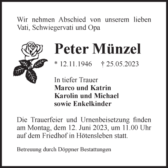 Traueranzeige von Peter Münze von Volksstimme Oschersleben/Wanzleben