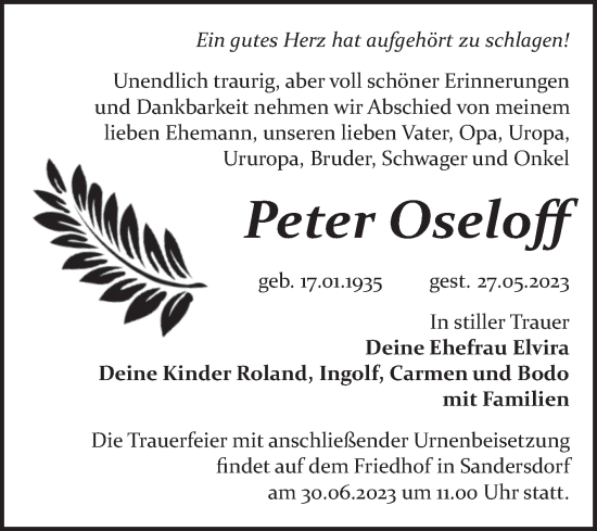 Traueranzeige von Peter Oseloff von Trauerkombi Bitterfeld