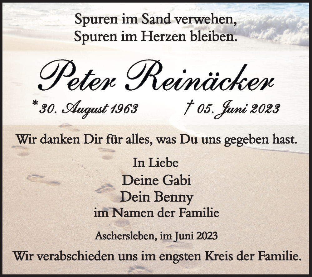  Traueranzeige für Peter Reinäcker vom 21.06.2023 aus Trauerkombi Aschersleben