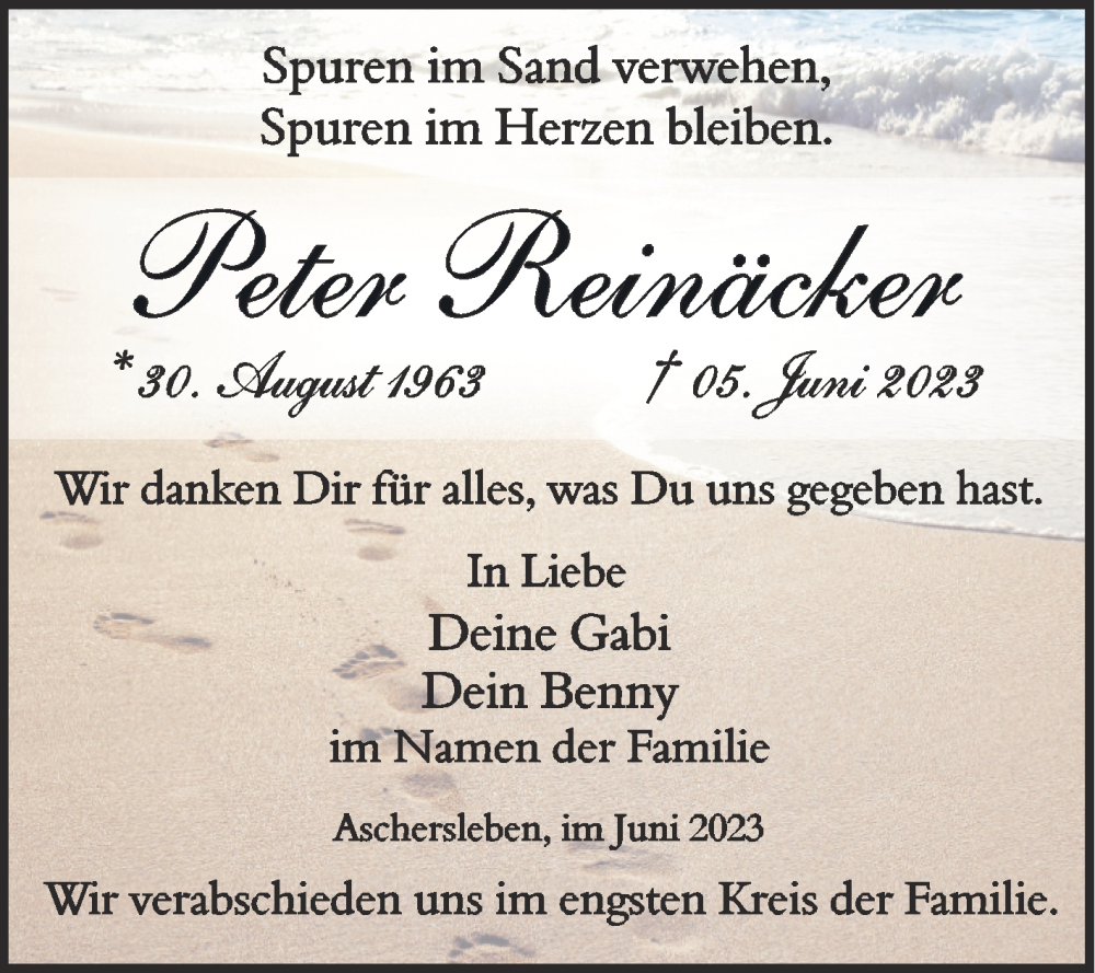  Traueranzeige für Peter Reinäcker vom 17.06.2023 aus Trauerkombi Aschersleben
