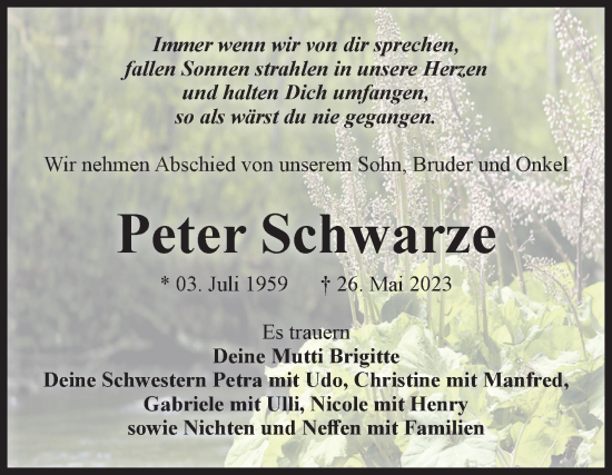 Traueranzeige von Peter Schwarze von Volksstimme Burg/Genthin