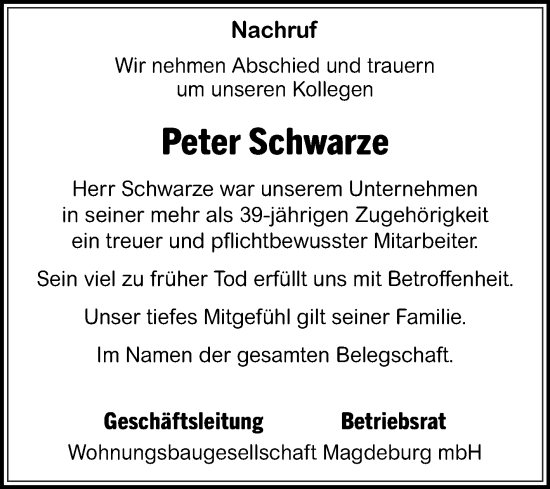 Traueranzeige von Peter Schwarze von Volksstimme Magdeburg
