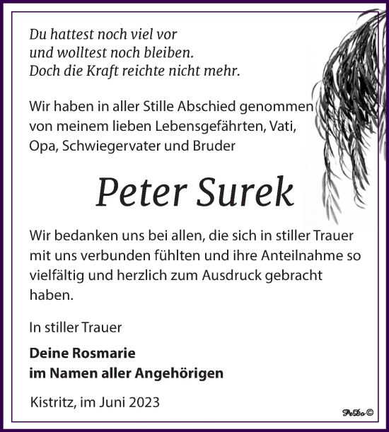 Traueranzeige von Peter Surek von Trauerkombi Weißenfels