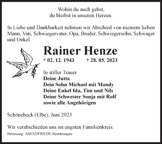 Traueranzeige von Rainer Henze von Volksstimme Schönebeck