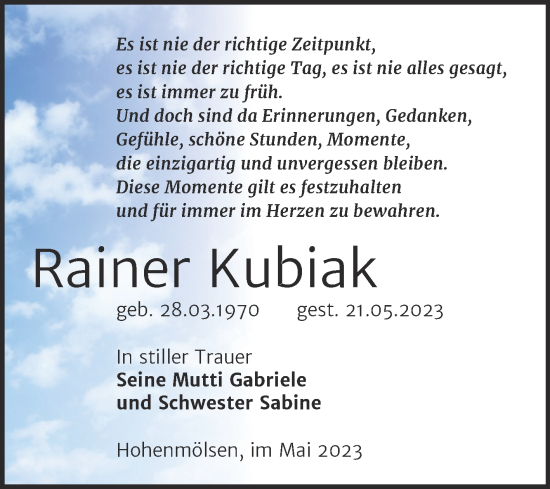 Traueranzeige von Rainer Kubiak von Trauerkombi Weißenfels