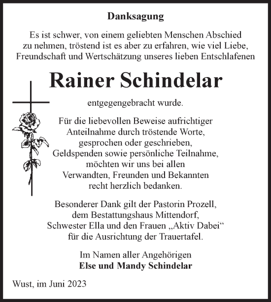 Traueranzeige von Rainer Schindelar von Volksstimme Altmark Ost