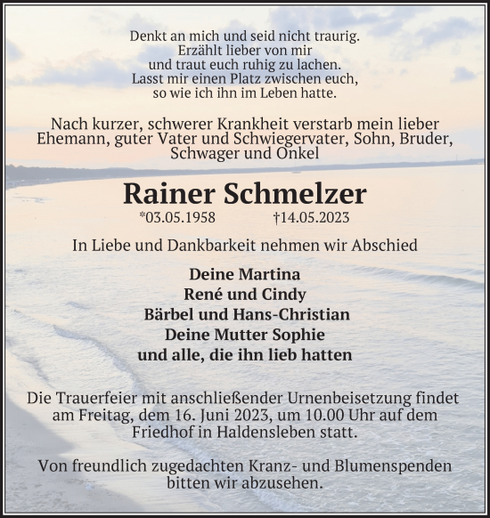 Traueranzeige von Rainer Schmelzer von Volksstimme Haldensleben/Wolmirstedt