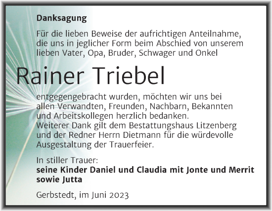 Traueranzeige von Rainer Triebel von Trauerkombi Mansfelder Land