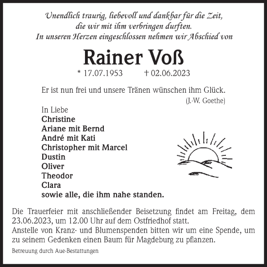 Traueranzeige von Rainer Voß von Volksstimme Magdeburg