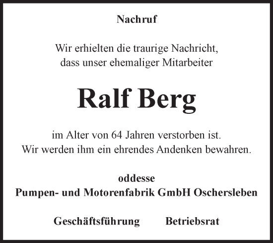 Traueranzeige von Ralf Berg von Volksstimme Oschersleben/Wanzleben