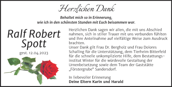 Traueranzeige von Ralf Robert Spott von Trauerkombi Bitterfeld