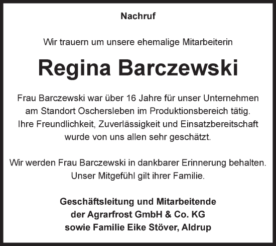 Traueranzeige von Regina Barczewski von Volksstimme Oschersleben/Wanzleben