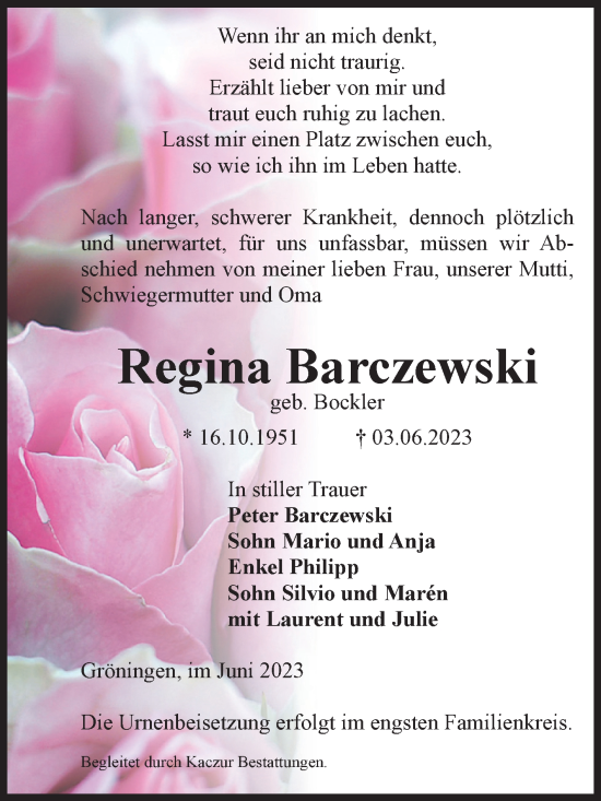 Traueranzeige von Regina Barczewski von Volksstimme Oschersleben/Wanzleben