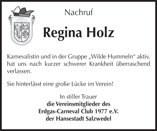 Traueranzeige von Regina Holz von Volksstimme Altmark West