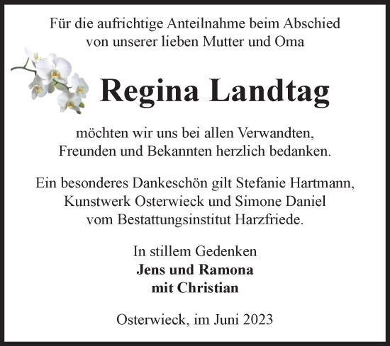 Traueranzeige von Regina Landtag von Volksstimme Halberstadt