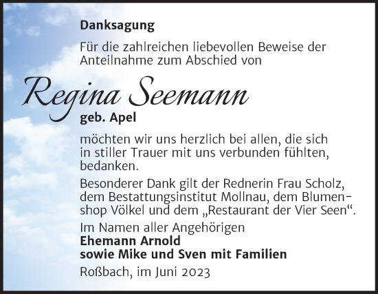 Traueranzeige von Regina Seemann von Trauerkombi Merseburg