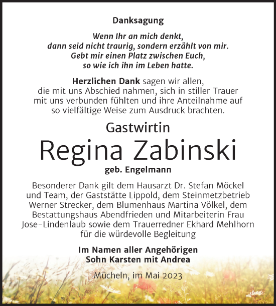 Traueranzeige von Regina Zabinski von Trauerkombi Merseburg