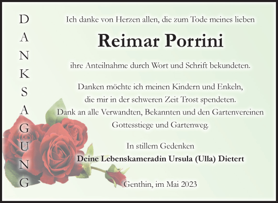 Traueranzeige von Reimar Porrini von Volksstimme Burg/Genthin