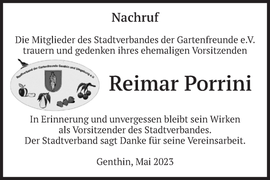 Traueranzeige von Reimar Porrini von Volksstimme Burg/Genthin