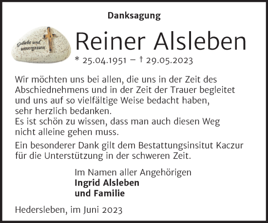 Traueranzeige von Reiner Alsleben von Trauerkombi Quedlinburg