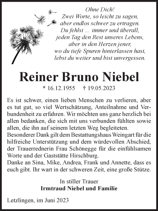 Traueranzeige von Reiner Bruno Niebel von Volksstimme Altmark West