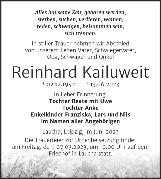 Traueranzeige von Reinhard Kailuweit von Wochenspiegel Naumburg/Nebra