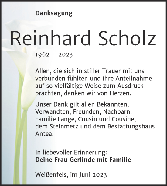 Traueranzeige von Reinhard Scholz von Trauerkombi Weißenfels
