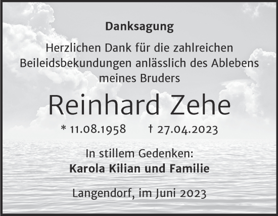 Traueranzeige von Reinhard Zehe von Trauerkombi Weißenfels