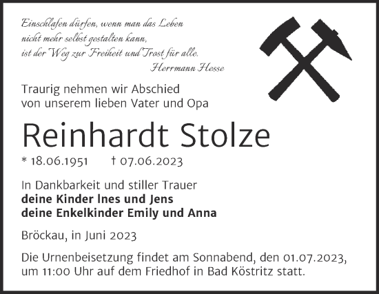 Traueranzeige von Reinhardt Stolze von Trauerkombi Zeitz
