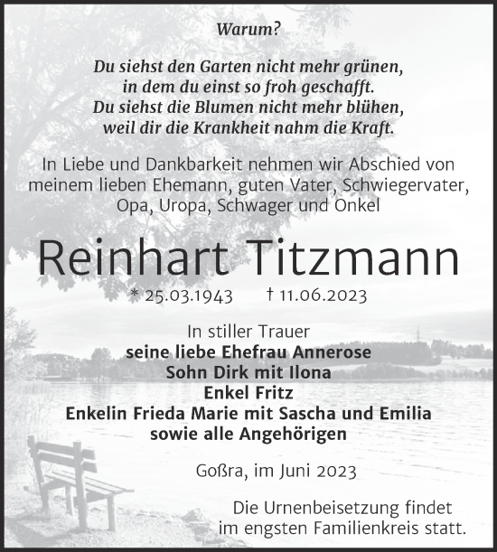 Traueranzeige von Reinhart Titzmann von Trauerkombi Zeitz