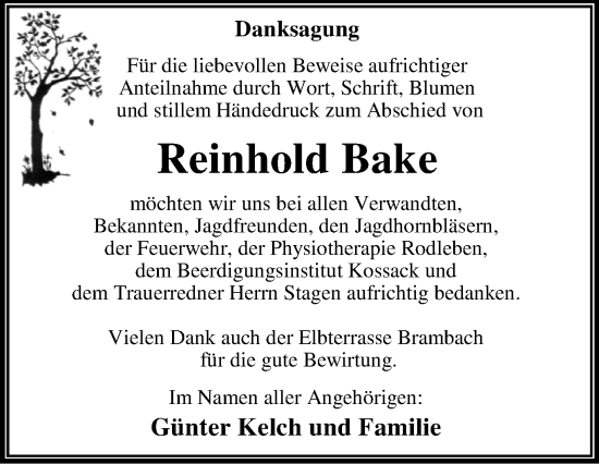 Traueranzeige von Reinhold Bake von Trauerkombi Dessau
