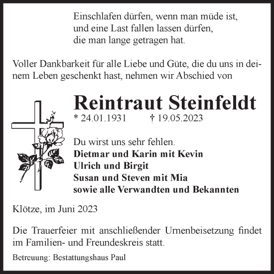 Traueranzeige von Reintraut Steinfeldt von Volksstimme Altmark West