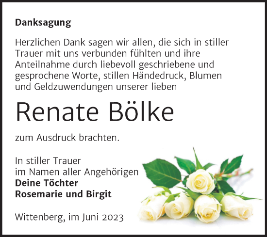 Traueranzeige von Renate Bölke von Trauerkombi Wittenberg