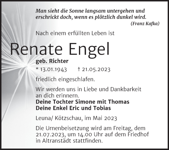 Traueranzeige von Renate Engel von Trauerkombi Merseburg