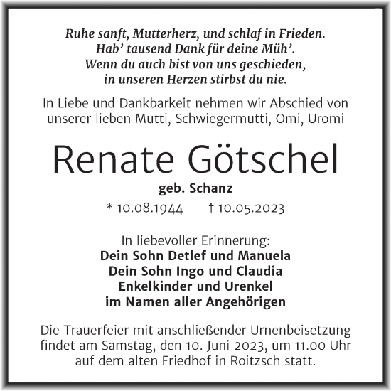 Traueranzeige von Renate Götschel von Trauerkombi Bitterfeld