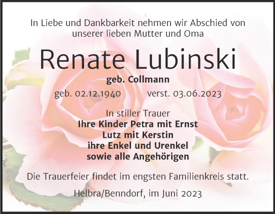 Traueranzeige von Renate Lubinski von Trauerkombi Mansfelder Land
