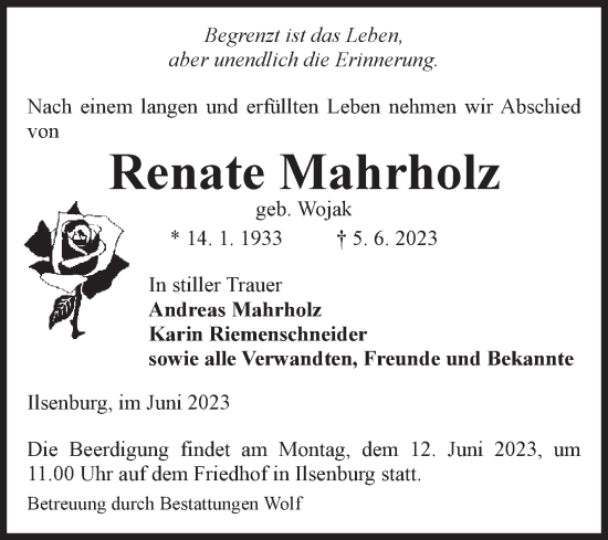 Traueranzeige von Renate Mahrholz von Volksstimme Wernigerode