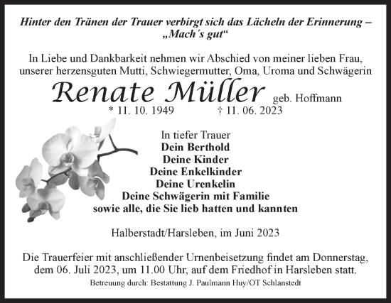 Traueranzeige von Renate Müller von Volksstimme Halberstadt