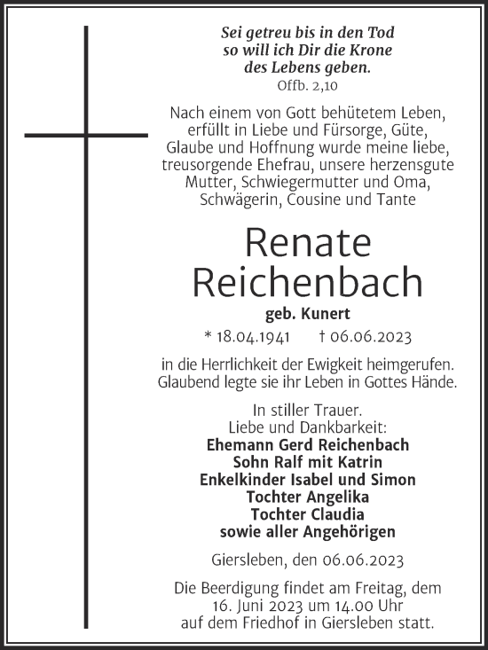 Traueranzeige von Renate Reichenbach von Trauerkombi Aschersleben