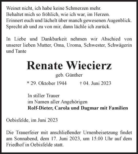 Traueranzeige von Renate Wiecierz von Volksstimme Altmark West