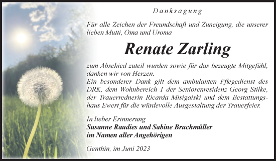 Traueranzeige von Renate Zarling von Volksstimme Burg/Genthin