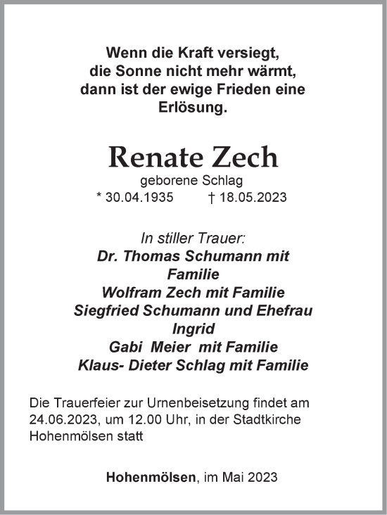 Traueranzeige von Renate Zech von Trauerkombi Weißenfels