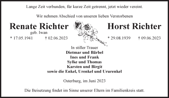 Traueranzeige von Renate und Horst Richter von Volksstimme Altmark Ost