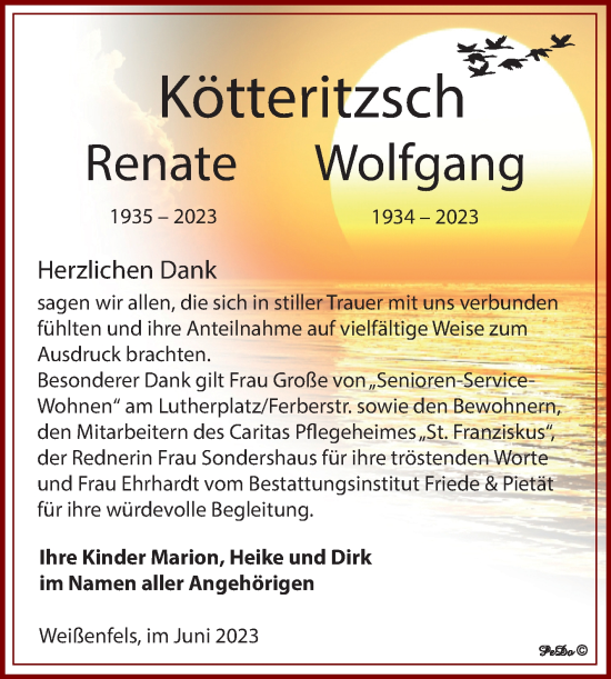 Traueranzeige von Renate und Wolfgang Kötteritzsch von Trauerkombi Weißenfels