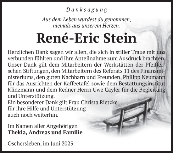 Traueranzeige von Rene-Eric Stein von Volksstimme Oschersleben/Wanzleben