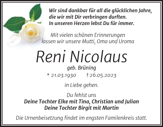 Traueranzeige von Reni Nicolaus von Trauerkombi Dessau