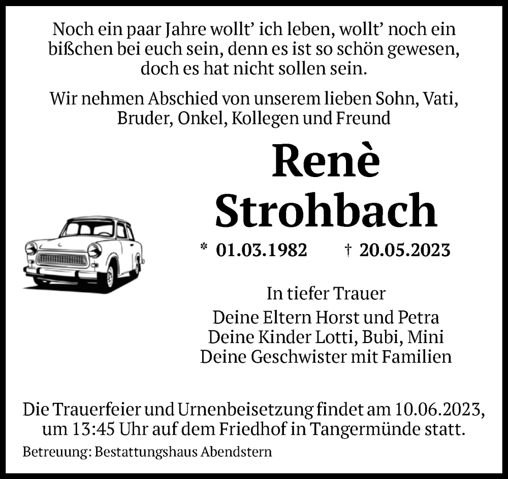  Traueranzeige für Renè Strohbach vom 03.06.2023 aus Volksstimme Altmark Ost