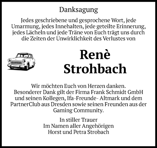 Traueranzeige von Renè Strohbach von Volksstimme Altmark Ost