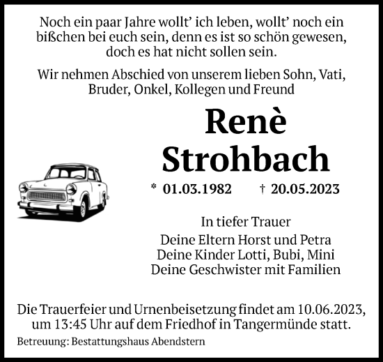Traueranzeige von Renè Strohbach von Volksstimme Altmark Ost